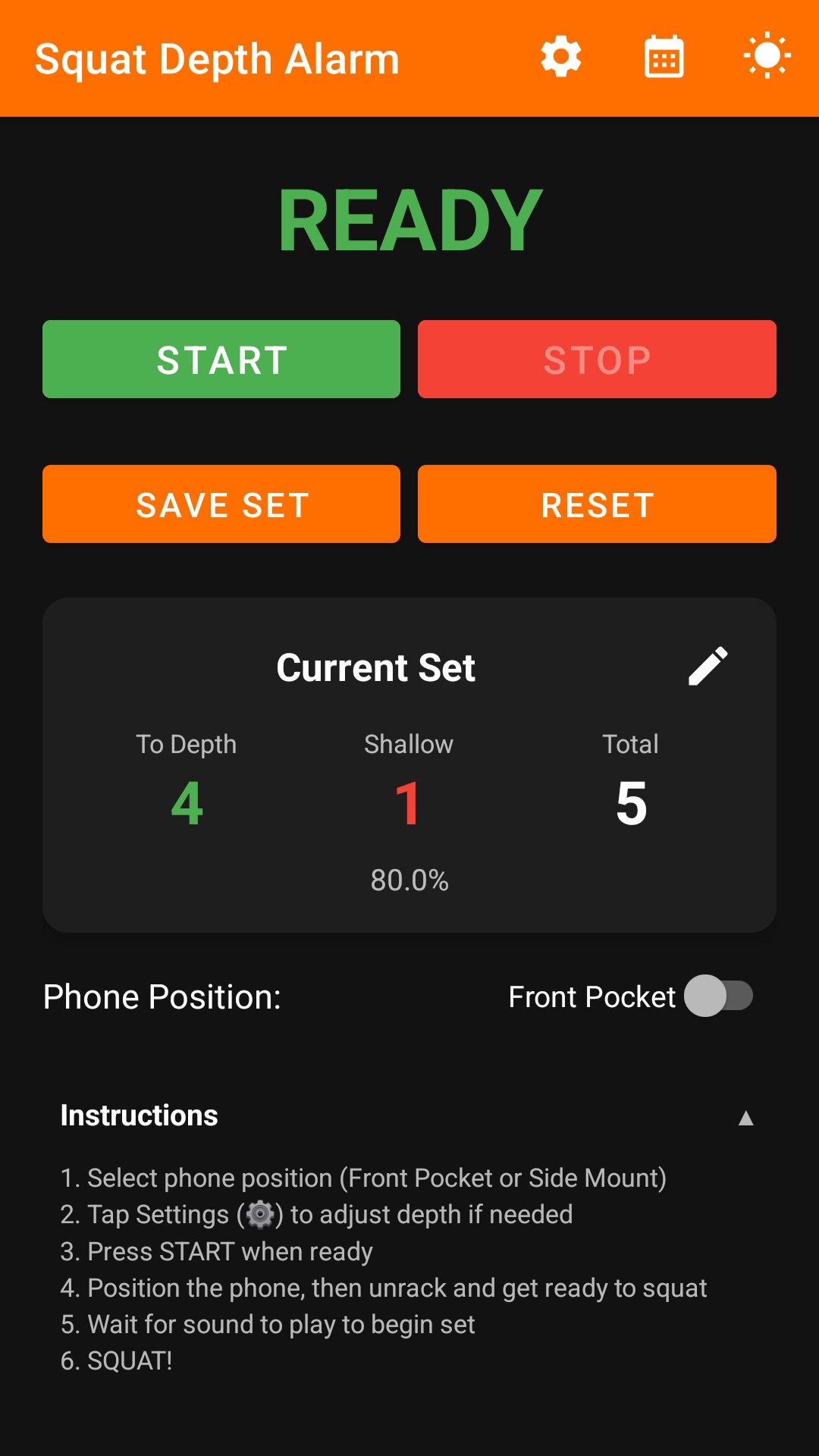 Squat Depth Alarm main screen