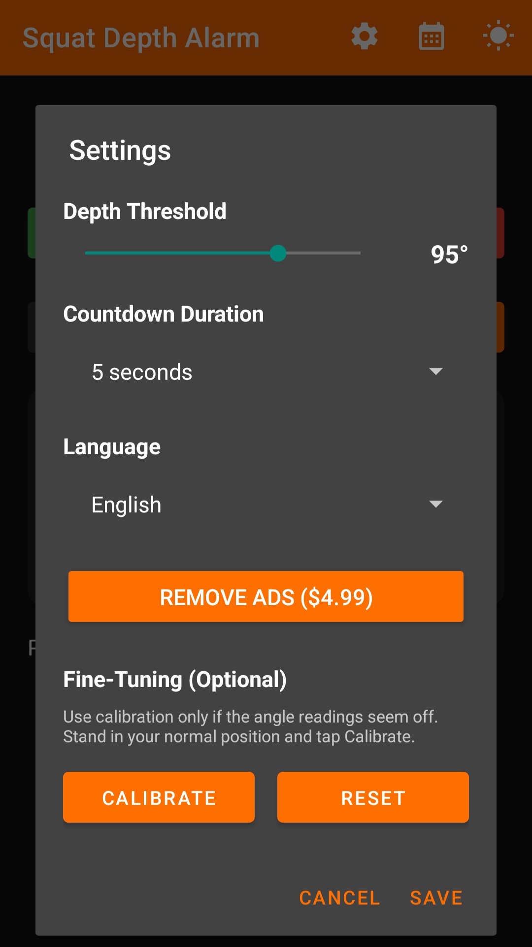 Squat Depth Alarm settings