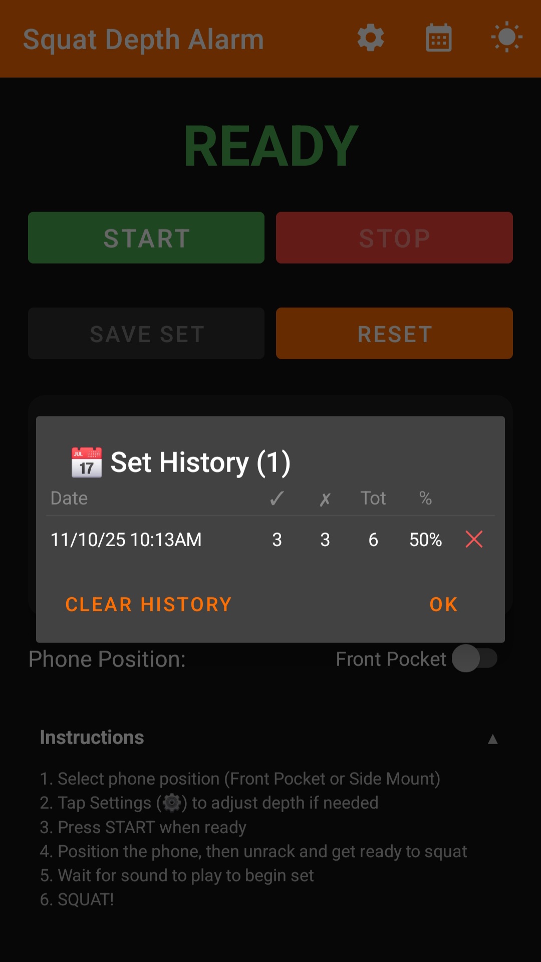 Squat Depth Alarm set history
